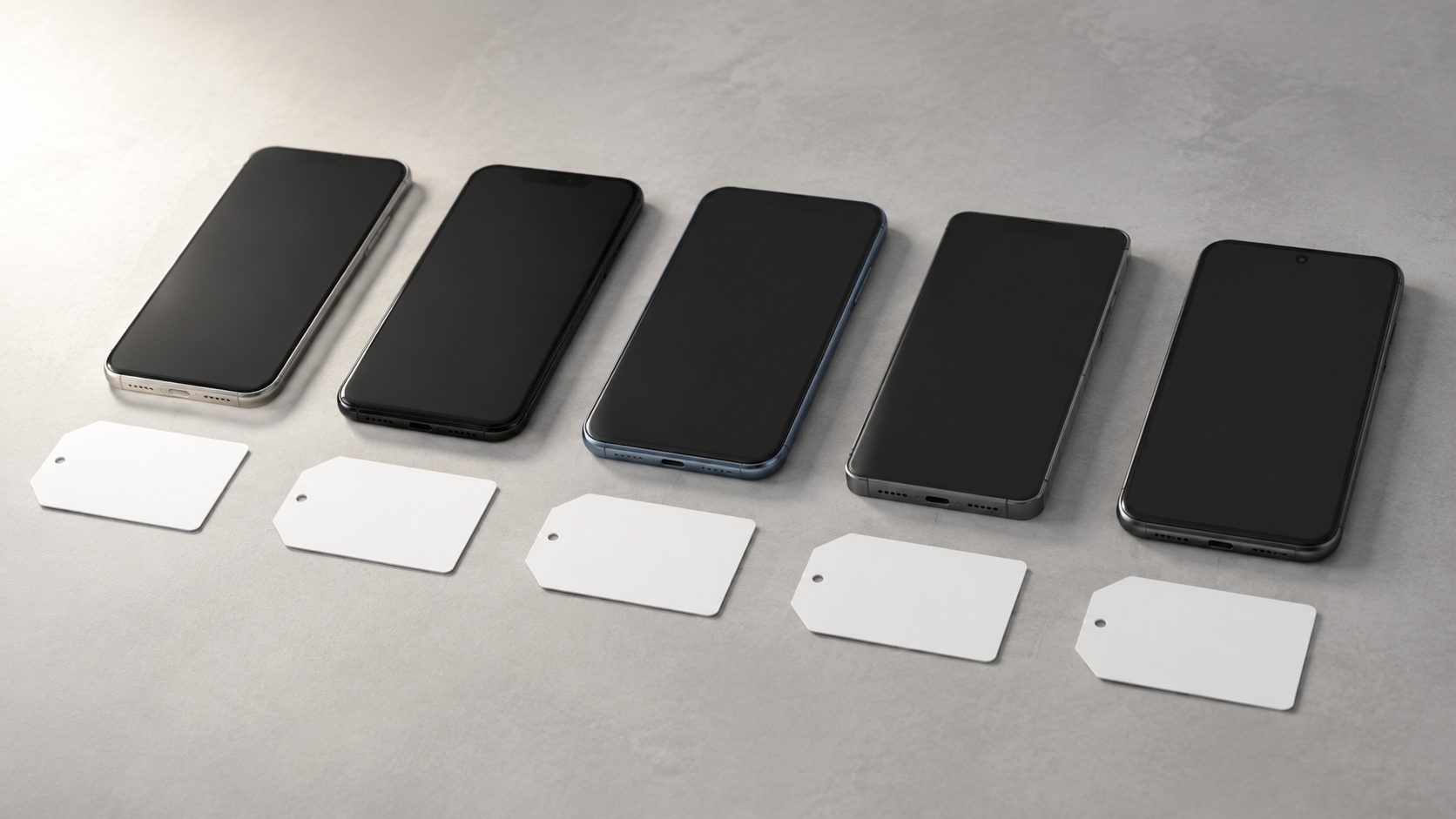 Cinq smartphones sans marque alignés sur une surface gris clair, une petite étiquette de prix vierge posée près de chacun.