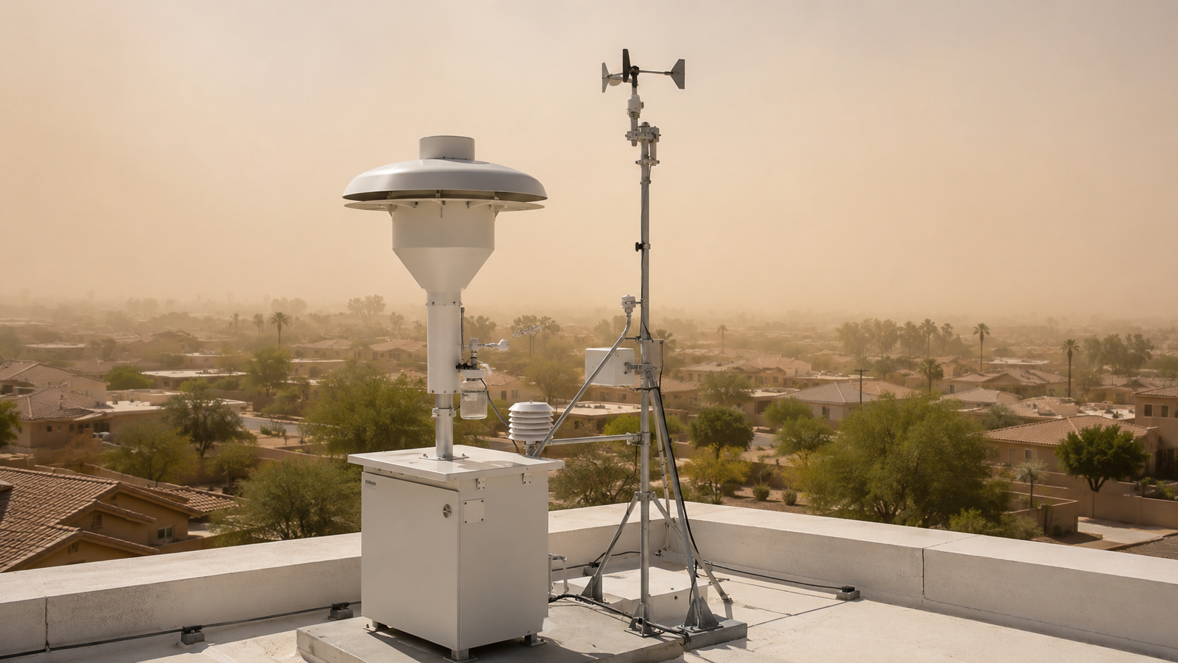 Station de mesure de la qualité de l’air sur un toit, tête de prélèvement des particules et petit mât météo, brume de poussière beige au-dessus de maisons du désert