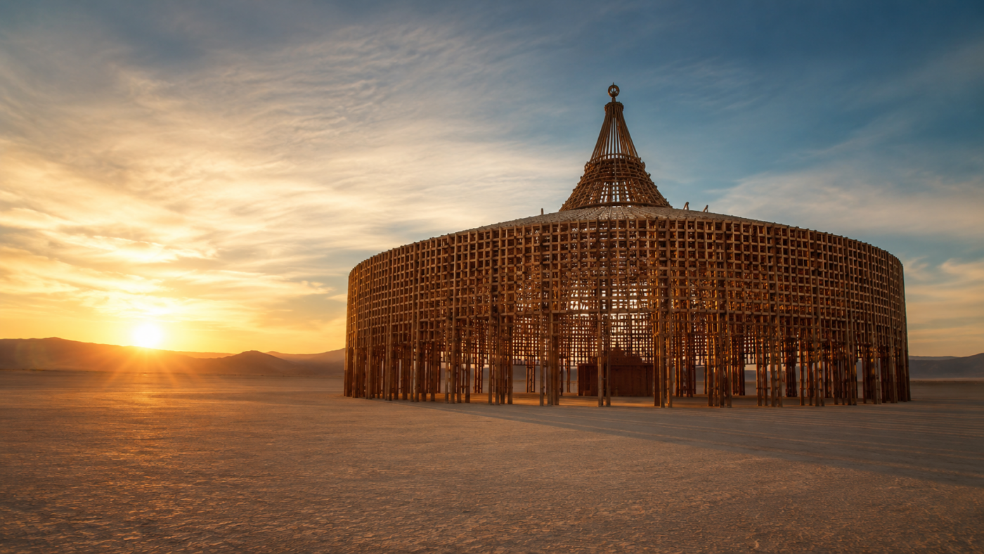 Un grand pavillon de bois ajouré, dressé seul sur une étendue de désert craquelée, dans la lumière basse du soir.