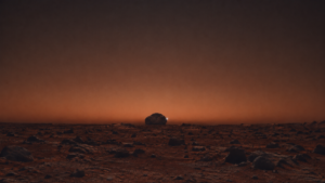 Horizon martien au crépuscule, ciel orangé sur un sol rocheux sombre, avec la silhouette irrégulière d’une petite lune juste au-dessus de la ligne d’horizon.