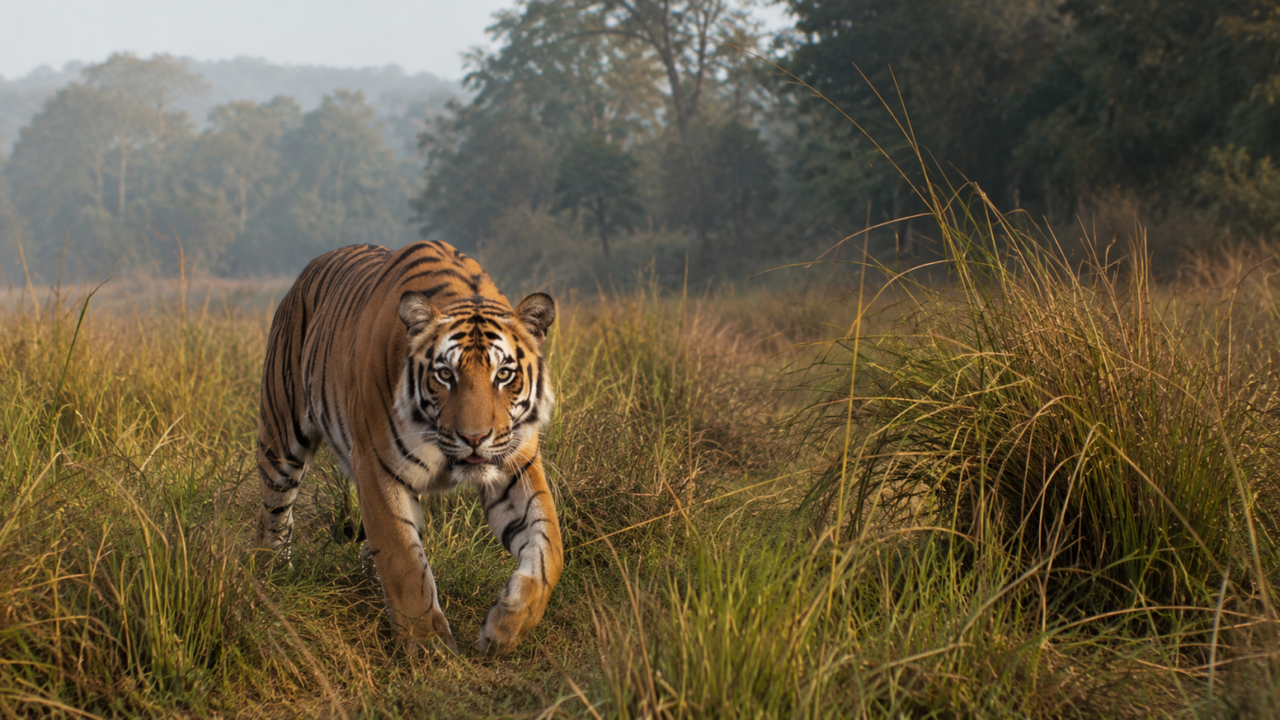 Un tigre du Bengale avance dans les hautes herbes d'une plaine du Teraï, au Népal