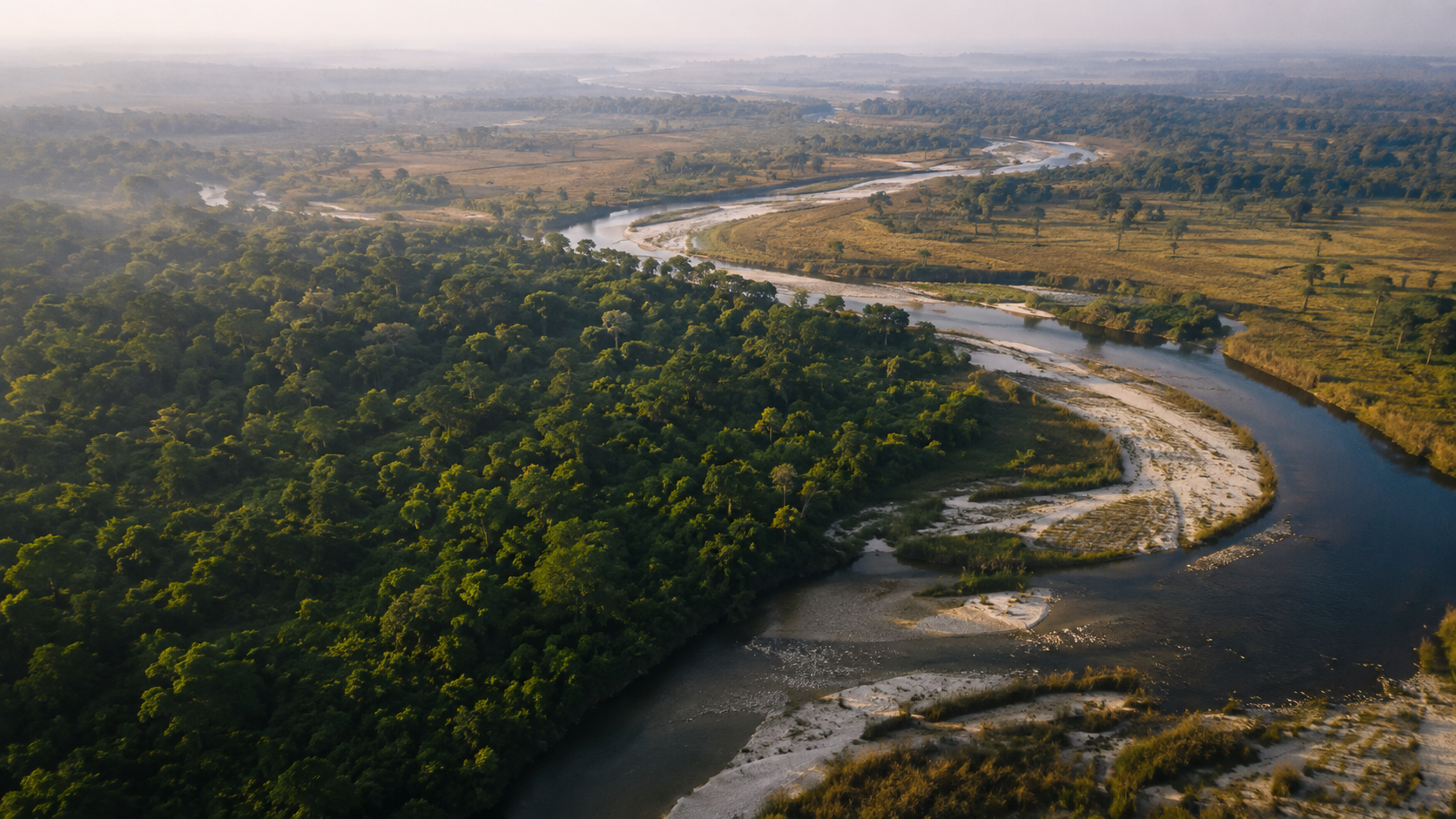 Vue aérienne d'une forêt de sals et d'une rivière dans les plaines du Teraï népalais