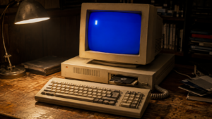 Micro-ordinateur beige des années 1980 posé sur un bureau en bois, fente de lecteur de disquettes ouverte, écran cathodique bleu avec un curseur qui clignote.