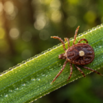 Macro d'une tique étoilée posée sur un brin d'herbe dans une forêt ensoleillée, gouttes de rosée