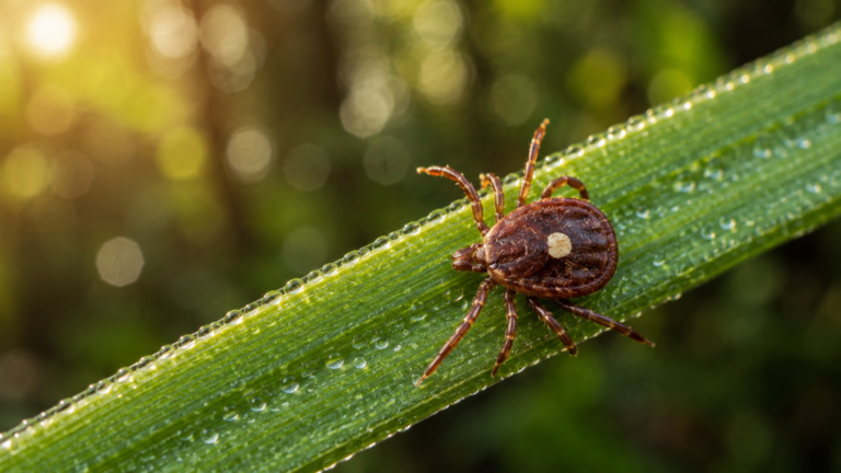 Macro d'une tique étoilée posée sur un brin d'herbe dans une forêt ensoleillée, gouttes de rosée