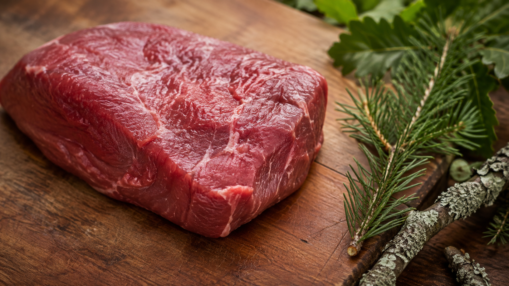 Pièce de viande rouge crue sur une planche en bois à côté d'un brin de végétation forestière