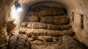 Chambre funéraire creusée dans le calcaire, éclairée par une lampe de chantier, corps enveloppés de bandes de lin empilés en couches sur le sol sableux