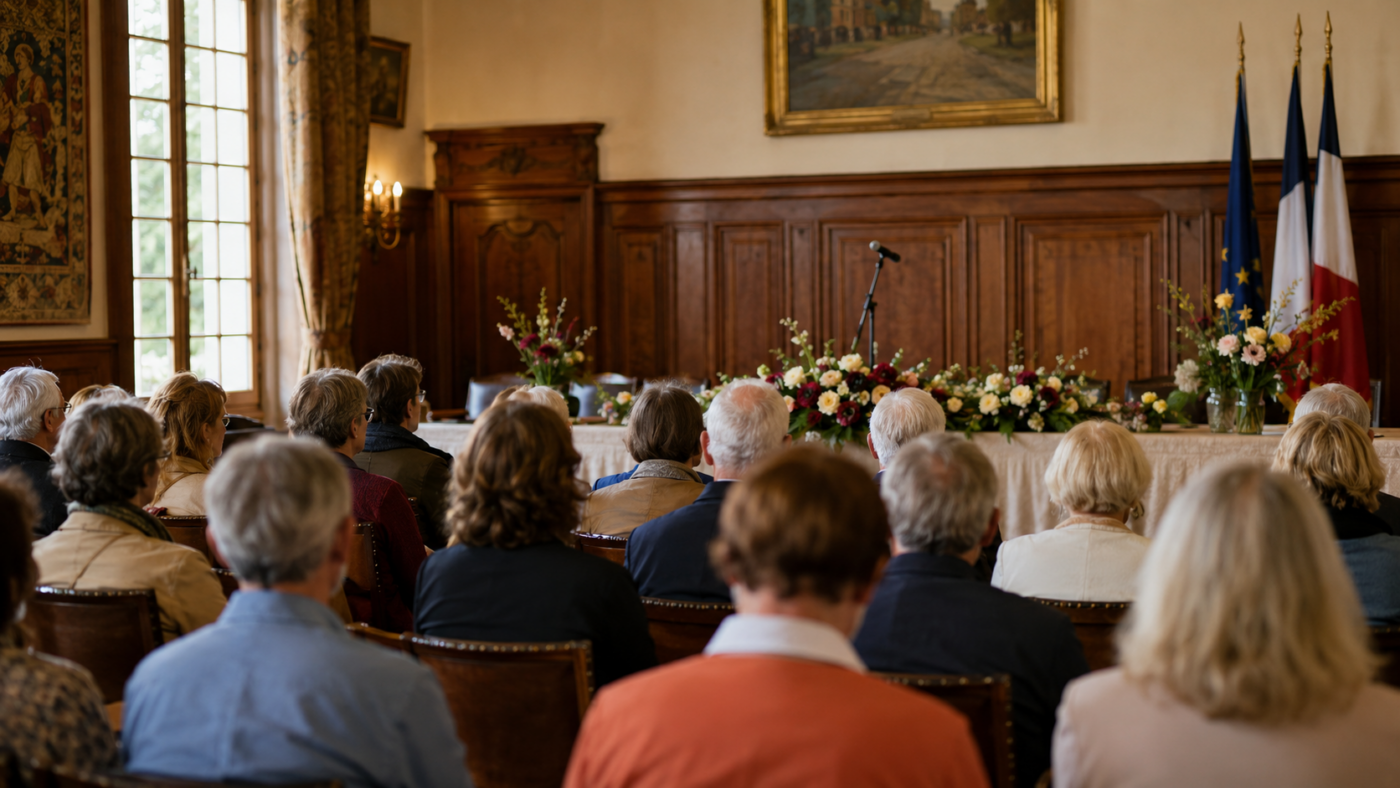 Salle du conseil d’une mairie bourguignonne, habitants assis de dos face à une table fleurie et un micro sur pied.