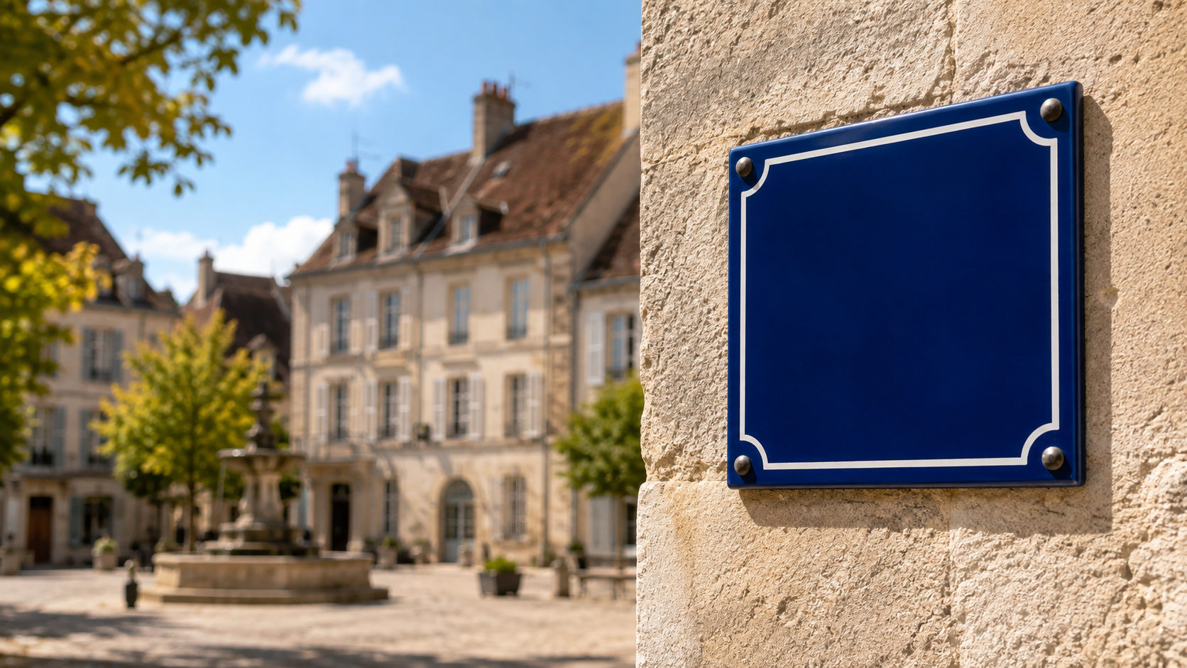 Petite place bordée de façades en pierre bourguignonnes, plaque de rue en émail bleu vierge accrochée à un mur.