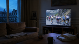 Salon vide à la tombée du jour, téléviseur allumé dont l’écran montre un peloton cycliste flou sur une route de montagne, canapé usé et journal plié sur la table basse