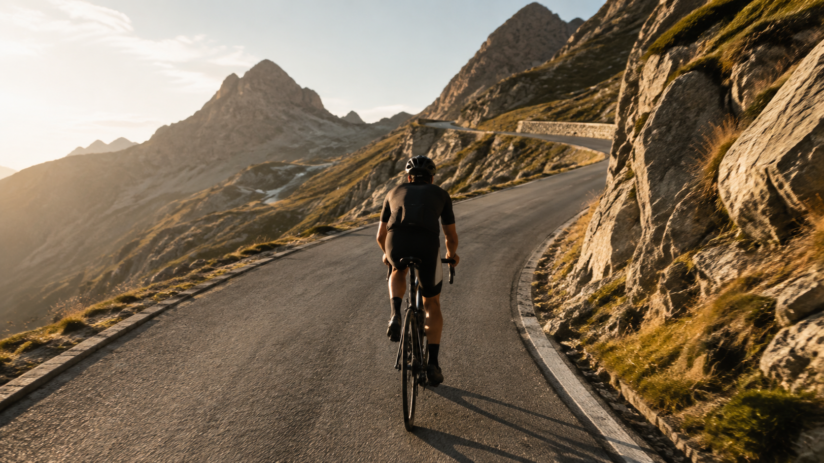 Jeune cycliste vu de dos, en tenue sans marque, grimpant seul une route de montagne au soleil de fin de journée