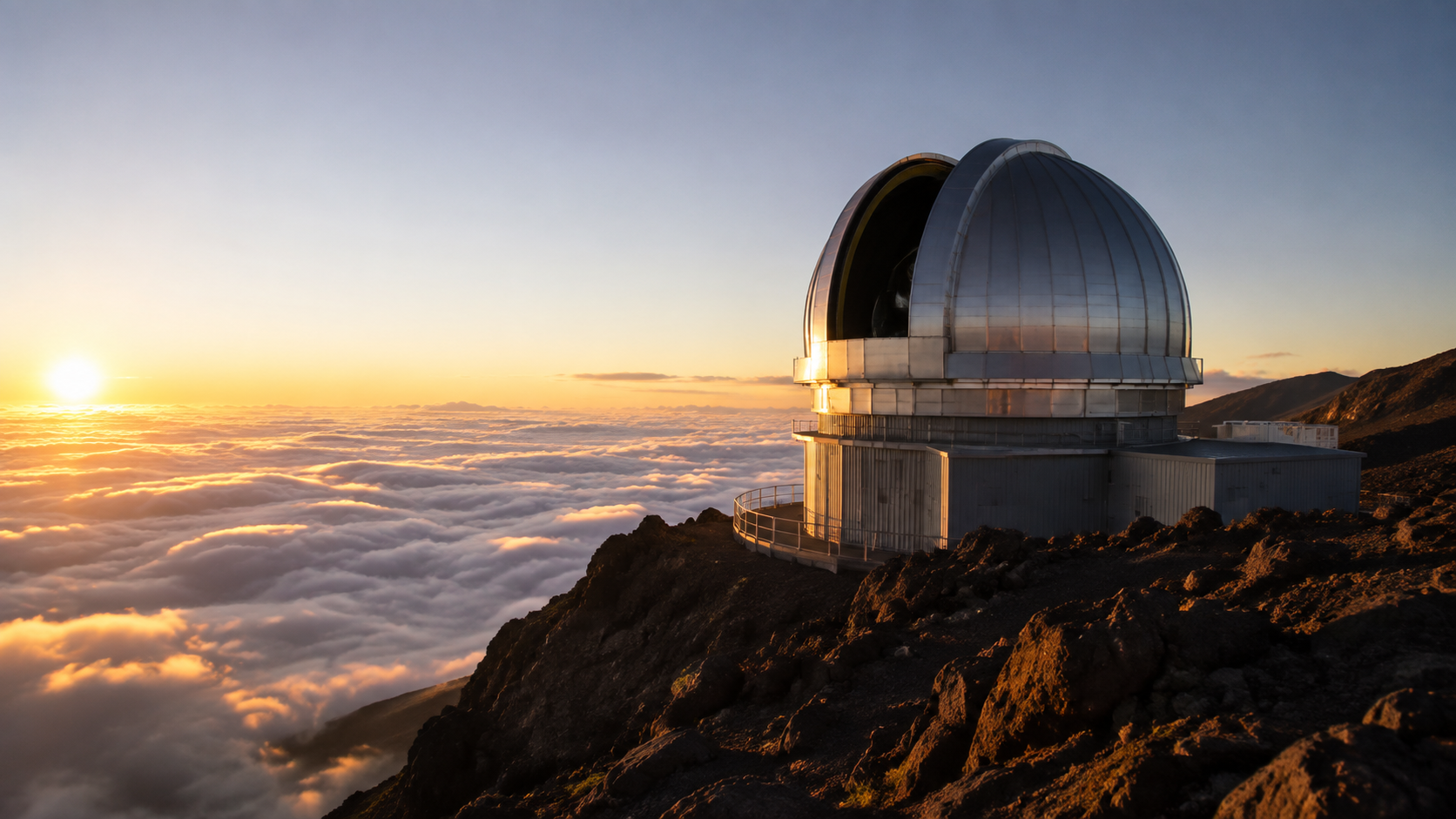 Coupole argentée d'un grand télescope solaire posée sur un sommet volcanique au-dessus d'une mer de nuages, au lever du jour.