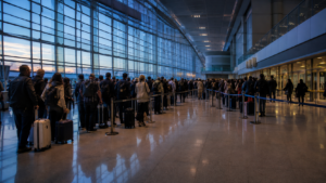 Hall d'arrivées d'un aéroport international à l'aube, longues files de voyageurs avec valises sous une grande verrière.