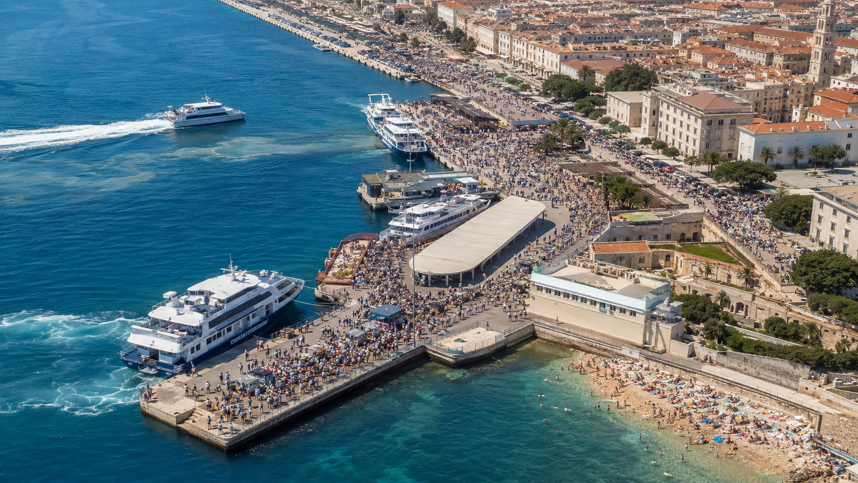 Vue aérienne d'un front de mer méditerranéen bondé en été, ferries à quai et foule dense sur la promenade.