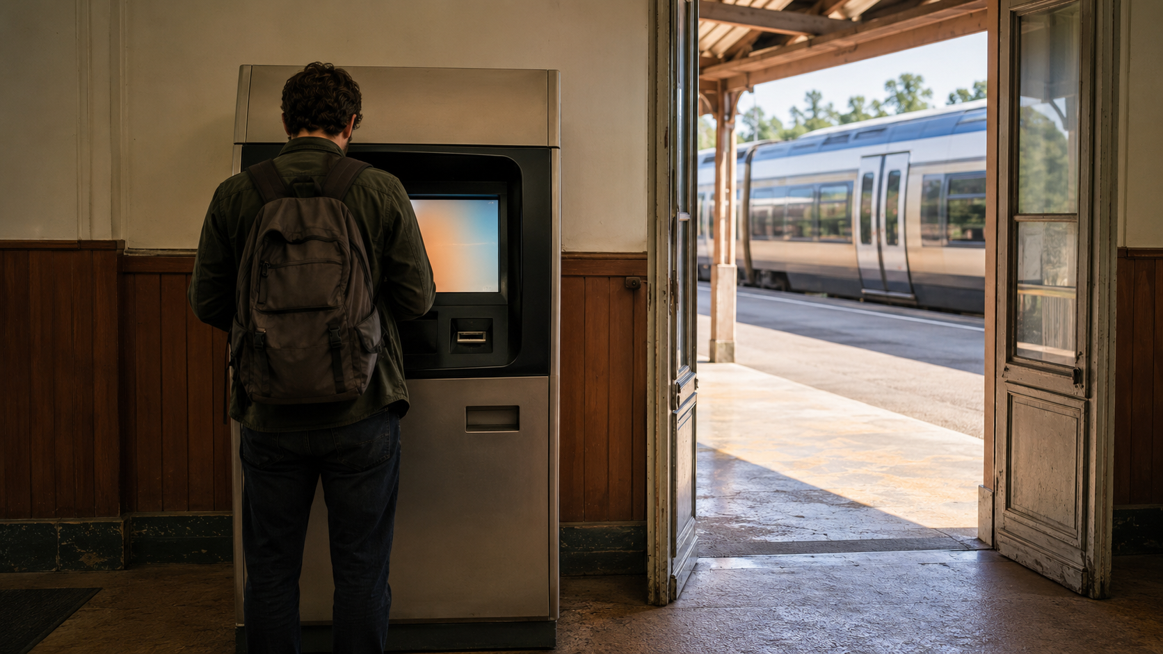 Voyageur vu de dos devant un automate de vente dans une petite gare française, quai visible par la porte ouverte.