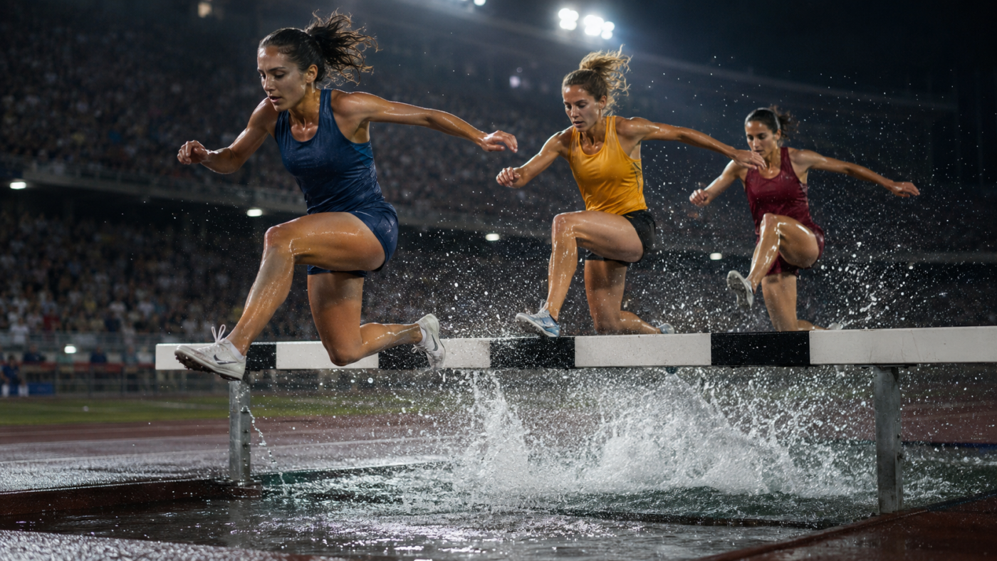 Trois coureuses franchissent la rivière du steeple sous les projecteurs d’un stade d’athlétisme, de nuit.