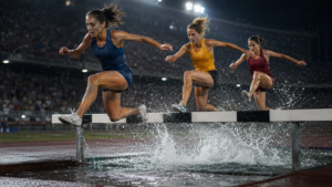 Trois coureuses franchissent la rivière du steeple sous les projecteurs d’un stade d’athlétisme, de nuit.