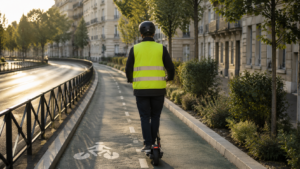 Un usager de trottinette électrique, vu de dos, roule sur une piste cyclable avec un casque et un gilet réfléchissant.