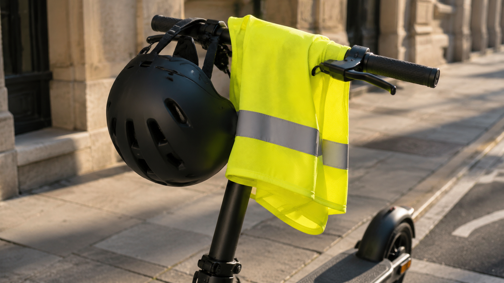 Un casque et un gilet réfléchissant plié posés sur le guidon d’une trottinette électrique garée sur un trottoir.