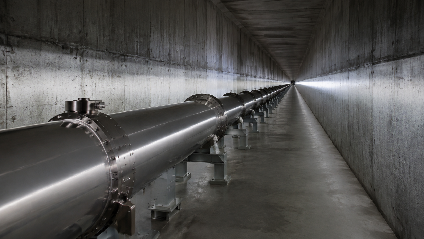 Tunnel rectiligne d’un interféromètre laser, tube à vide en acier s’enfonçant entre des parois de béton