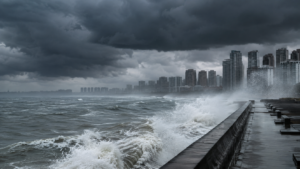 Ciel de tempête au-dessus d’un littoral urbain, vagues contre une digue de béton, immeubles au loin