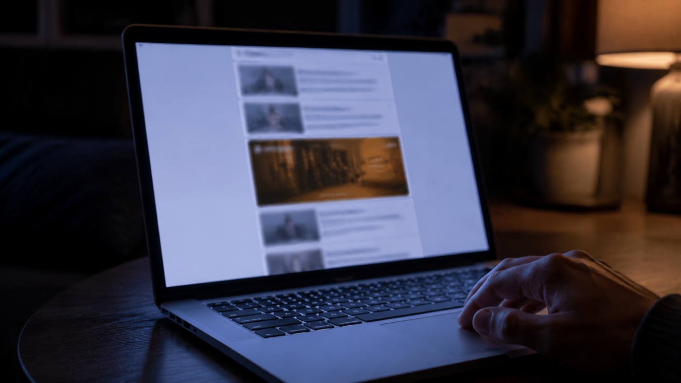 Écran d’ordinateur portable affichant un fil de réseau social qui défile, une main posée près du pavé tactile dans une pièce peu éclairée
