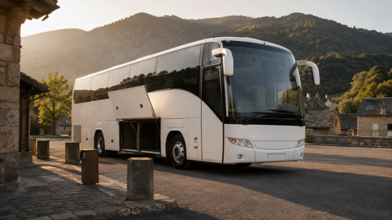 Un autocar blanc stationné sur une petite gare routière de village de montagne, soute ouverte, dans la lumière dorée de fin d'après-midi, sans personne aux alentours.