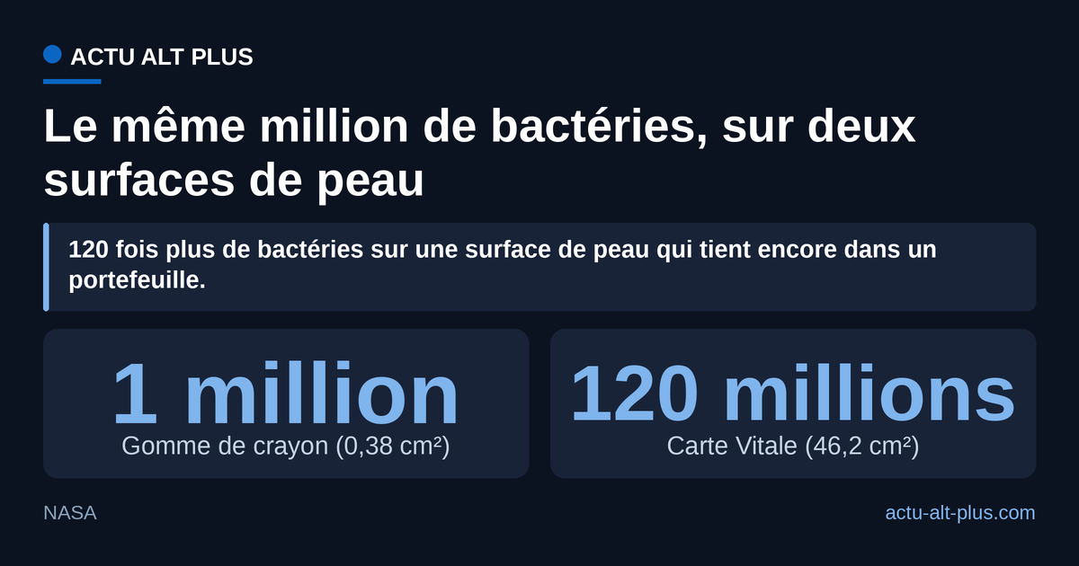 Une peau grande comme une carte Vitale porte environ 120 millions de bactéries, contre un million sur une zone grande comme une gomme de crayon : 120 fois plus. Calcul Actu Alt Plus à partir de la moyenne NASA du 19 août 2026 ; la gomme n’a pas de dimension normalisée, elle est assimilée à un disque de 7 mm.