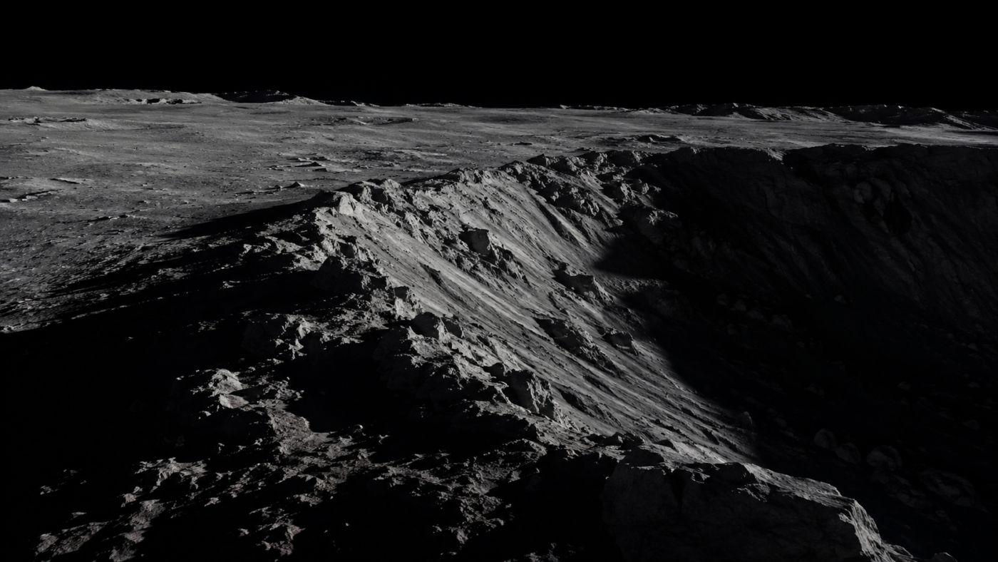 Le bord d’un cratère du pôle sud lunaire sous une lumière rasante, ombres très longues sur le régolithe gris