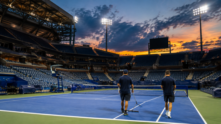 Court en dur bleu d'un grand stade de tennis new-yorkais au crépuscule, projecteurs allumés, deux membres du personnel de court vus de dos.