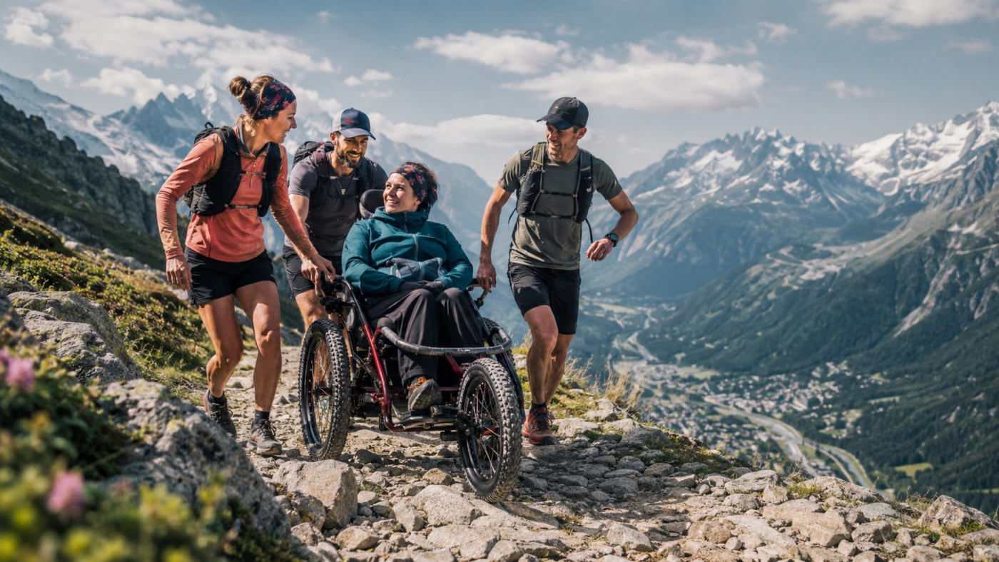 Un fauteuil tout-terrain à trois roues progresse sur un sentier de montagne caillouteux au-dessus de la vallée de Chamonix, entouré de plusieurs accompagnateurs.