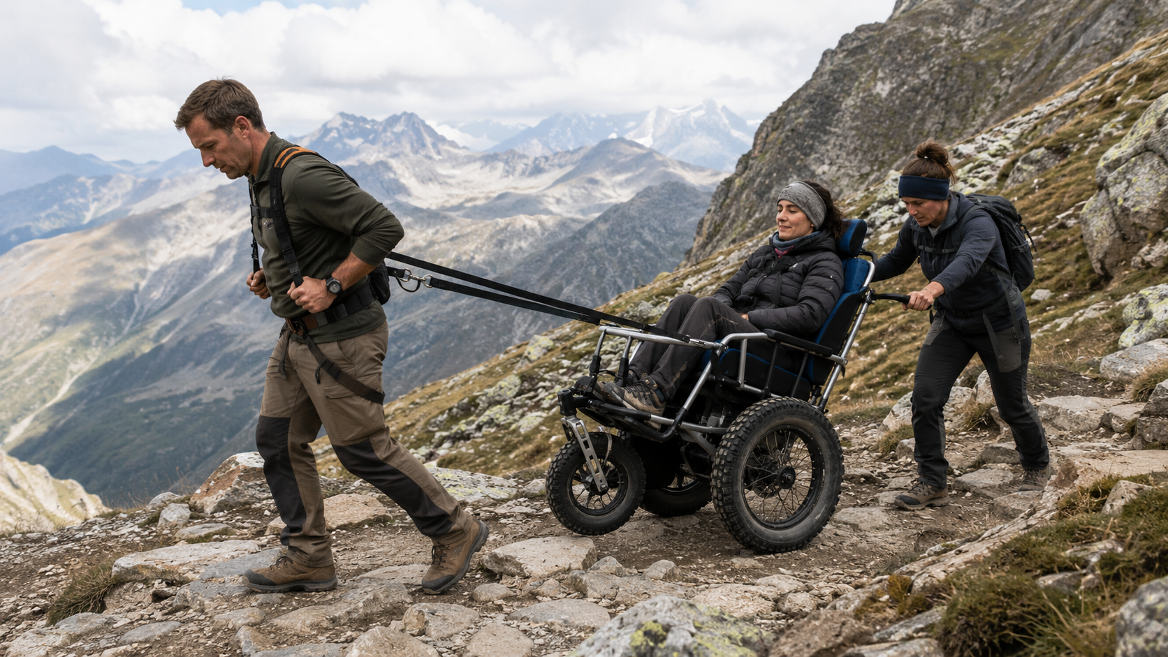 Sur un sentier raide, un accompagnateur tire un fauteuil tout-terrain avec un harnais tandis qu’un autre pousse par les poignées arrière.