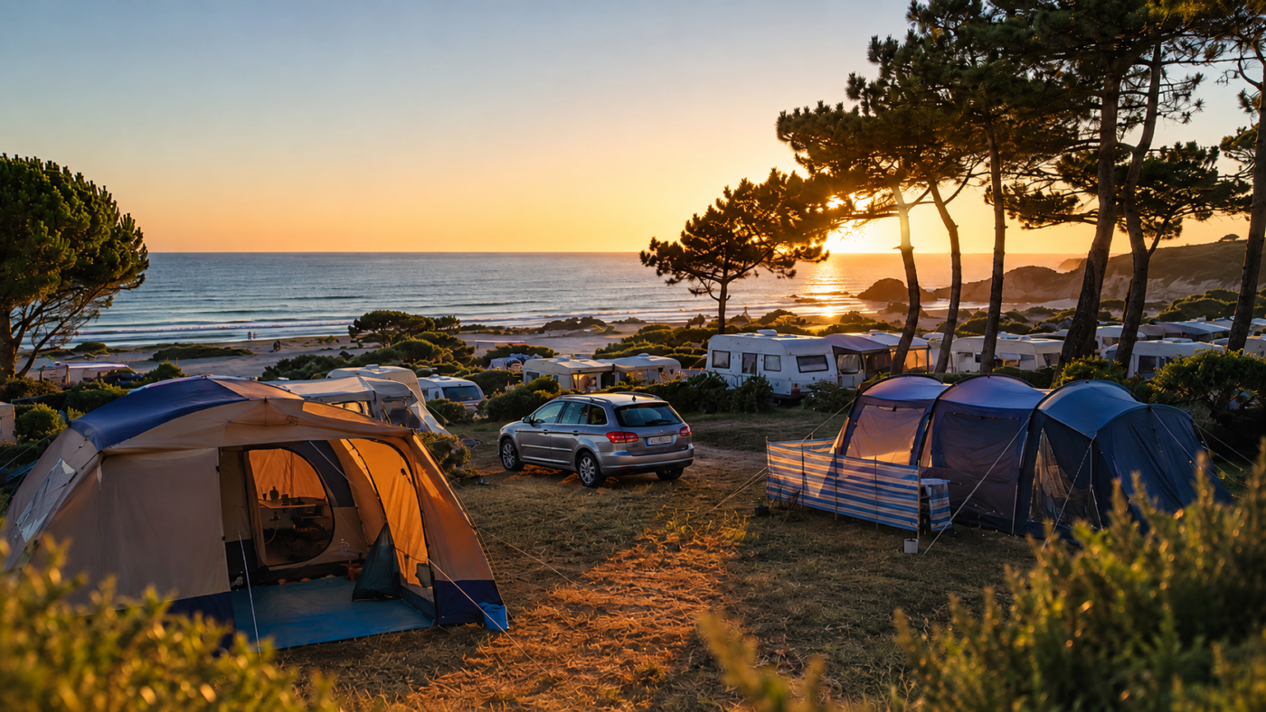 Camping français en bord de mer à la lumière du soir, rangées de tentes et de caravanes sur l’herbe sèche, pins et voiture familiale garée