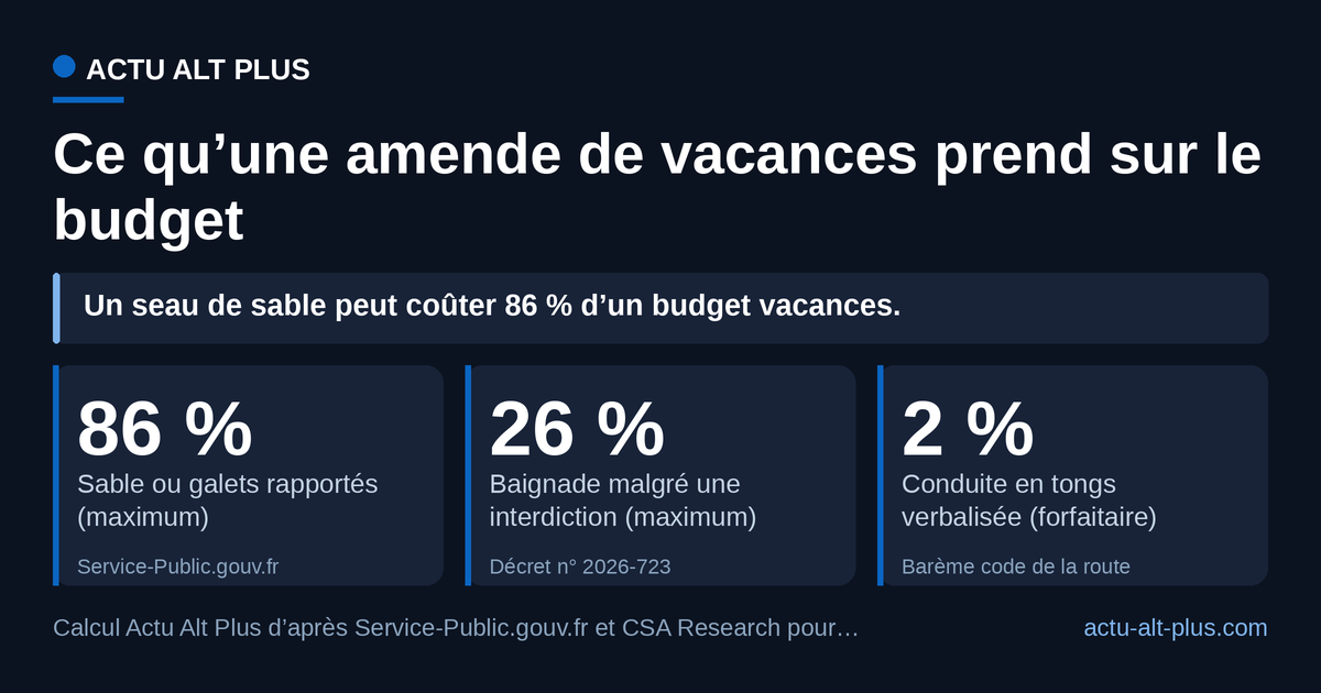 Rapportées au budget vacances d’été déclaré pour 2026 (1 748 euros), les trois sanctions documentées dans ce dossier pèsent 86 %, 26 % et 2 %. Limite : montants maximaux pour les deux premières, amende forfaitaire pour la troisième.