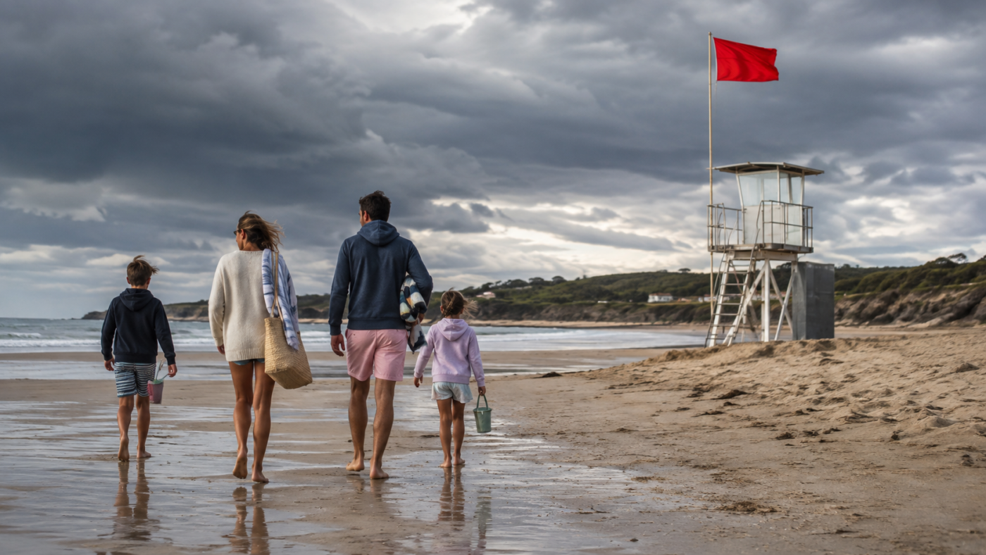 Un drapeau rouge flotte sur le mât d’un poste de secours, une famille marche de dos sur le sable mouillé.