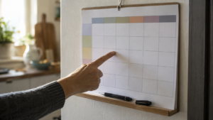 Un calendrier mural accroché dans une cuisine, un stylo posé dessus, une main d'adulte suit une ligne du doigt, sans visage visible