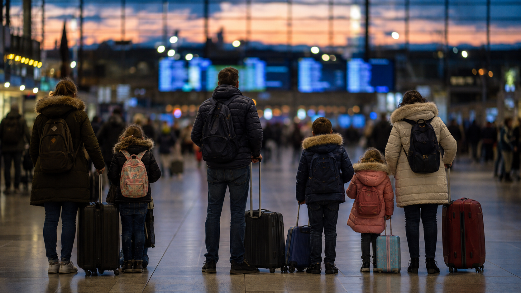 Un hall de gare en soirée, des familles avec valises et sacs à dos attendent de dos devant les panneaux de départ