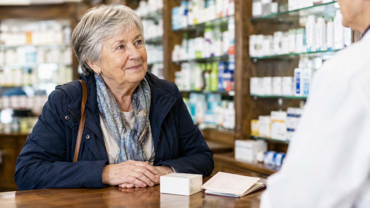 Une femme âgée s’accoude au comptoir en bois d’une pharmacie de quartier, à côté d’une petite boîte de vaccin et d’un carnet de santé, la manche blanche du pharmacien au bord du cadre.