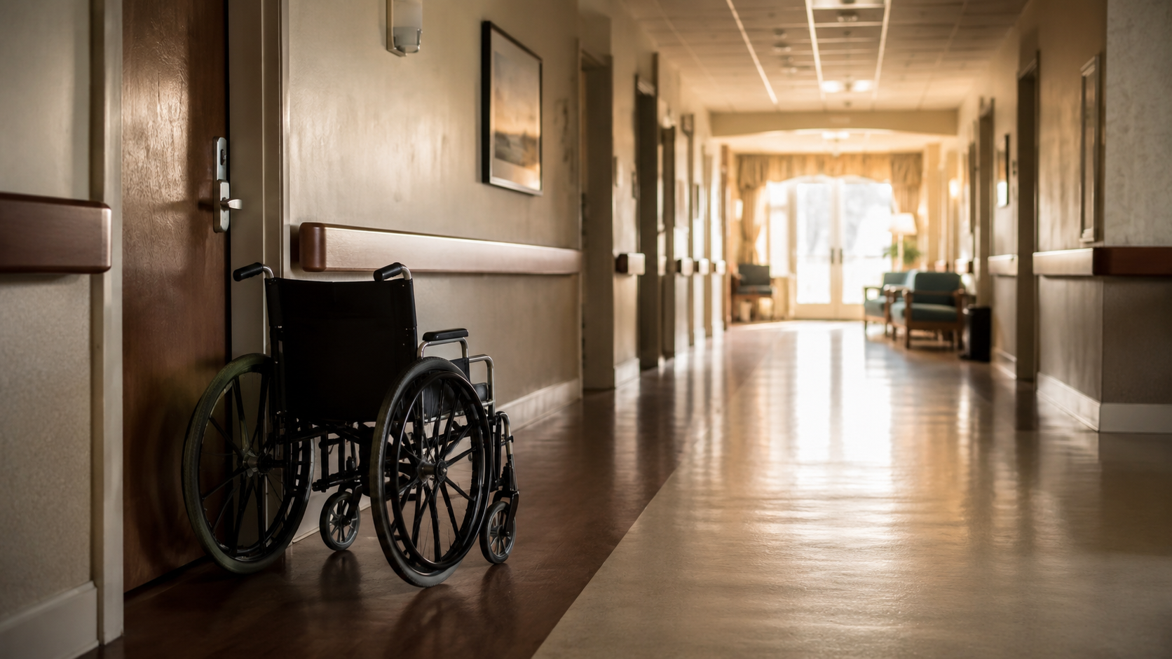 Couloir désert d’un établissement de soins américain, main courante le long du mur et fauteuil roulant vide garé près d’une porte, lumière du matin au fond.
