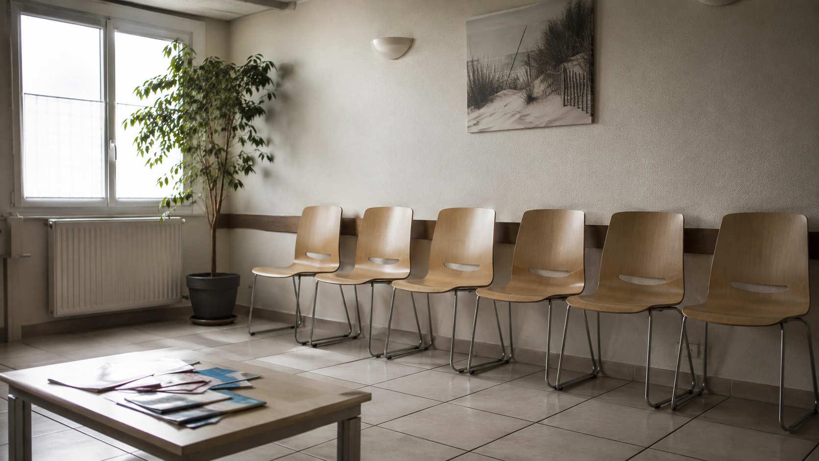 Salle d’attente vide d’un cabinet de médecine générale en France, six chaises alignées contre un mur clair et une table basse avec des revues usées.