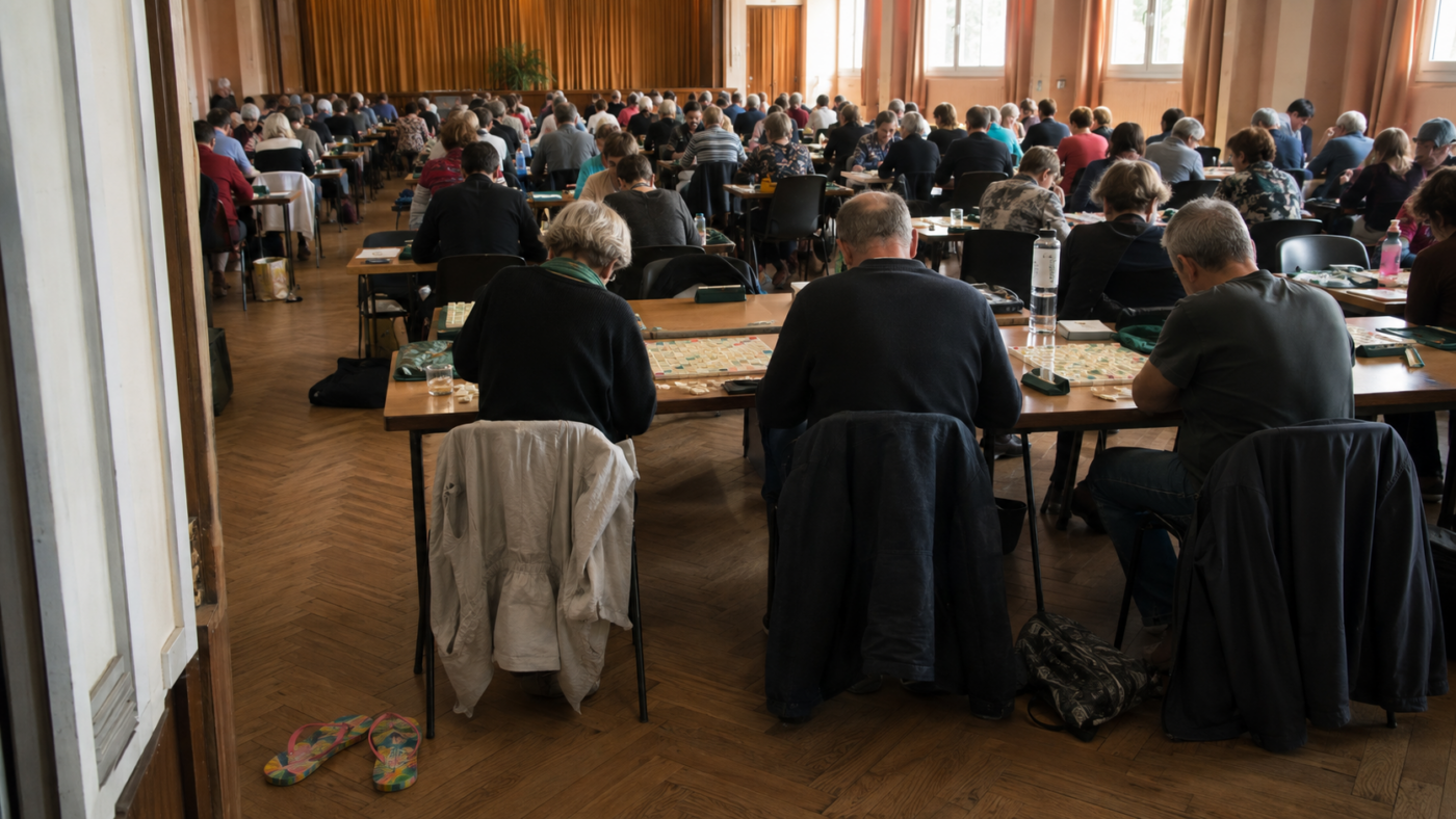 Salle des fêtes remplie de tables de jeu, joueurs concentrés vus de dos, une paire de tongs posée près de l’entrée.