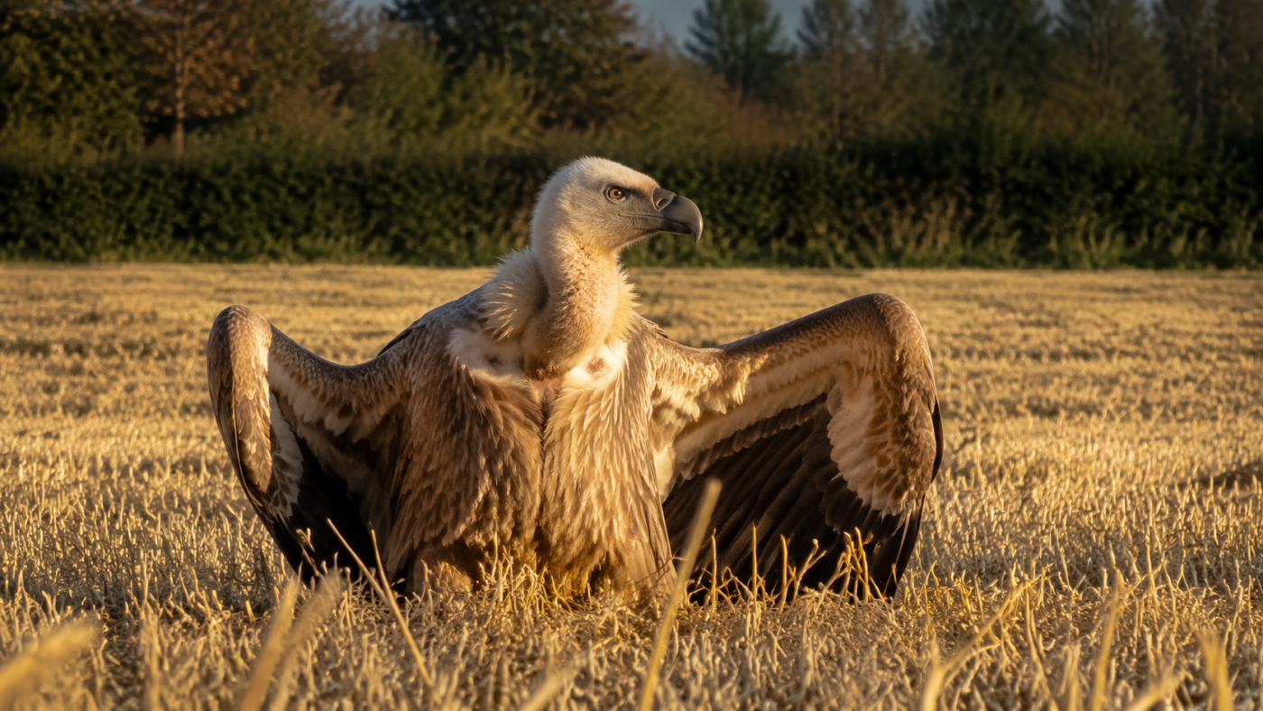 Vautour fauve posé seul au milieu d'un champ de chaume, ailes entrouvertes, haie et ligne d'arbres en arrière-plan sous une lumière rasante.