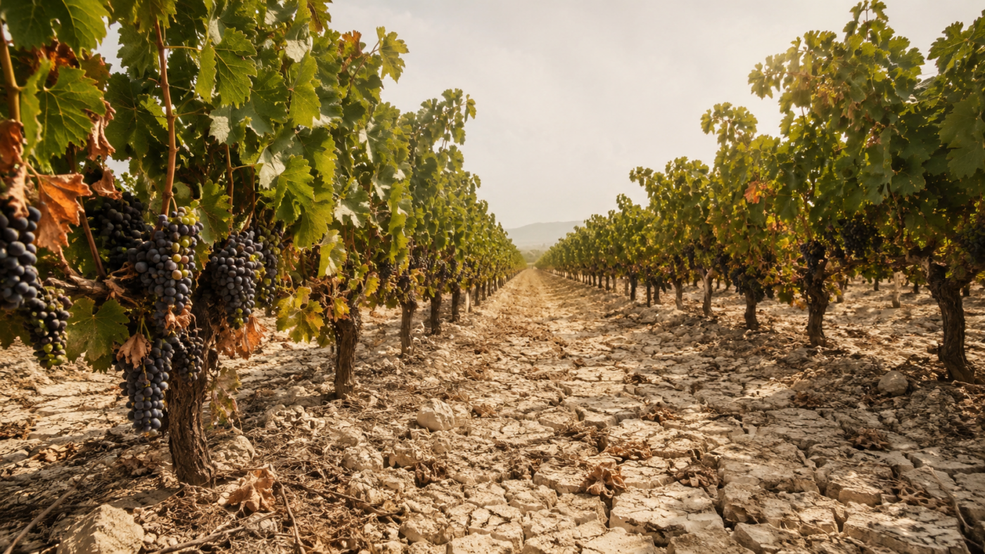 Rangs de vigne sous un ciel de canicule voilé, sol craquelé entre les pieds, grappes inégalement mûres