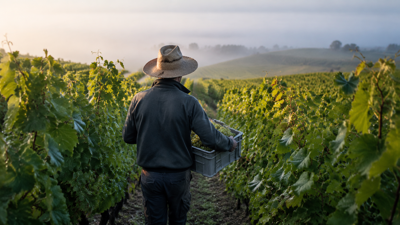 Un vendangeur de dos, chapeau de paille, porte une caisse de raisin entre deux rangs de vigne au petit matin