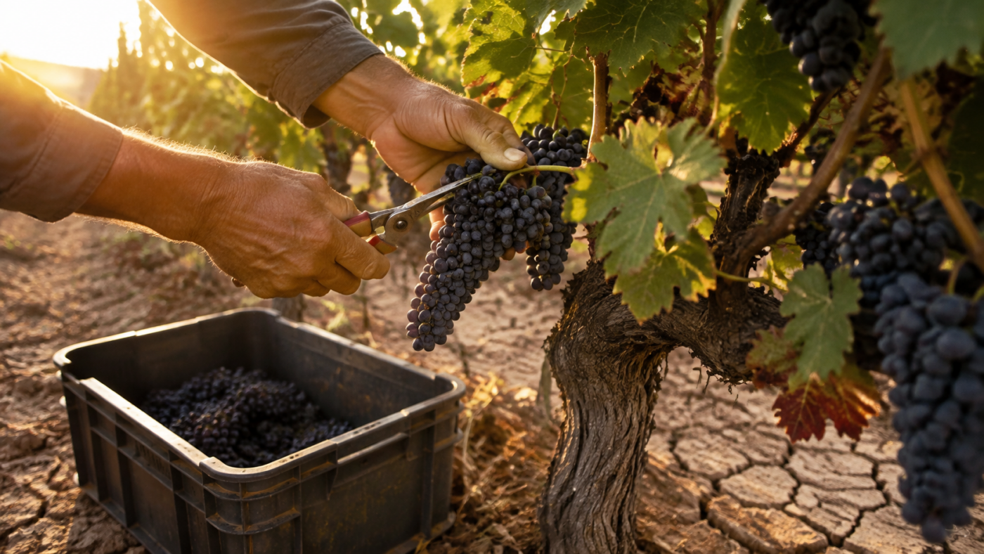 Des mains coupent une grappe de raisin noir au sécateur dans un rang de vigne, une caisse de vendange à moitié pleine posée sur un sol craquelé au lever du jour.