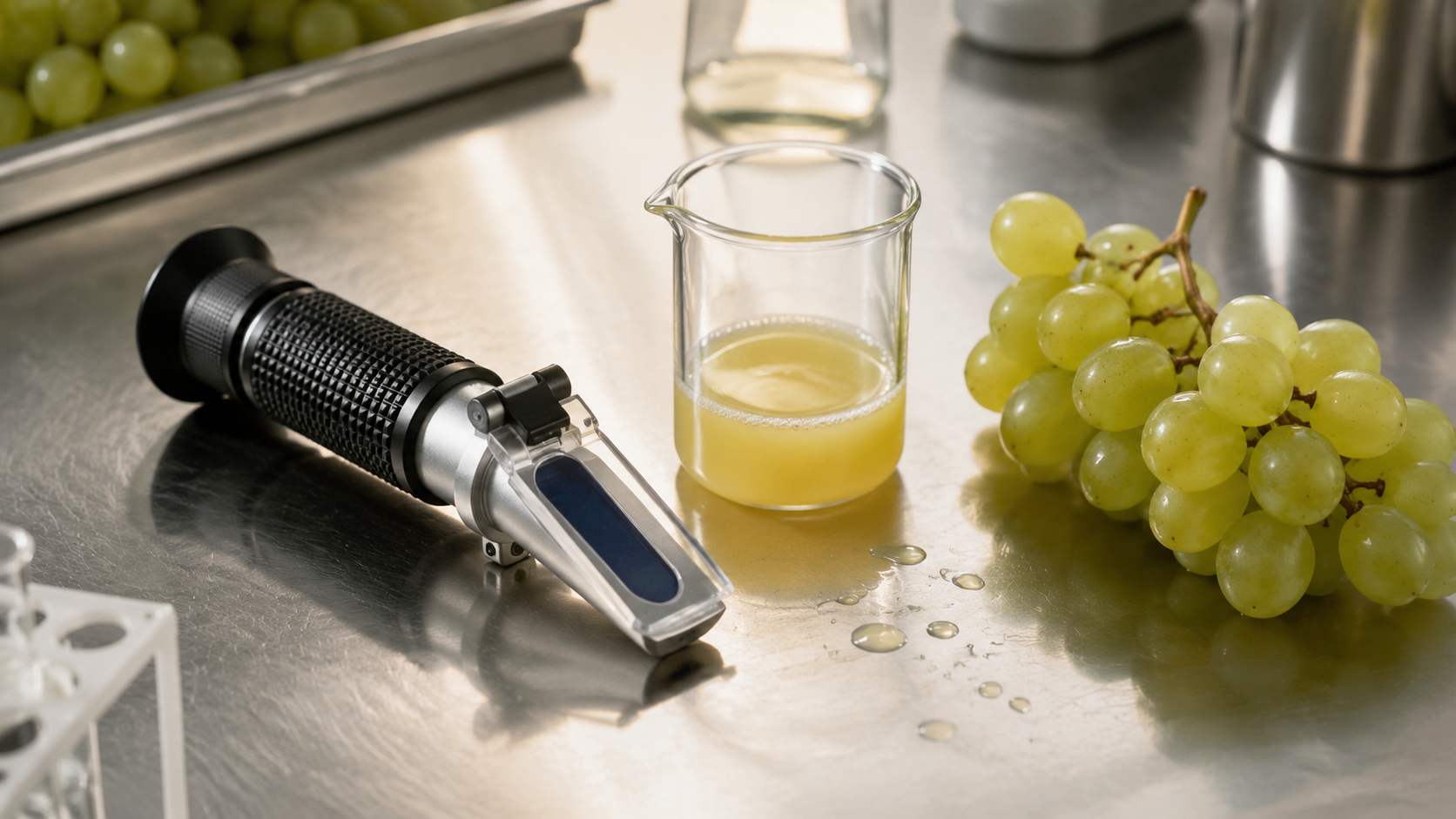 Réfractomètre et petit bécher de jus de raisin fraîchement pressé posés sur une table en inox, à côté d’une grappe de raisin blanc.