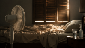 Un ventilateur blanc sans marque tourné vers un lit défait dans une chambre aux volets clos, un verre d’eau et un brumisateur posés sur la table de chevet.