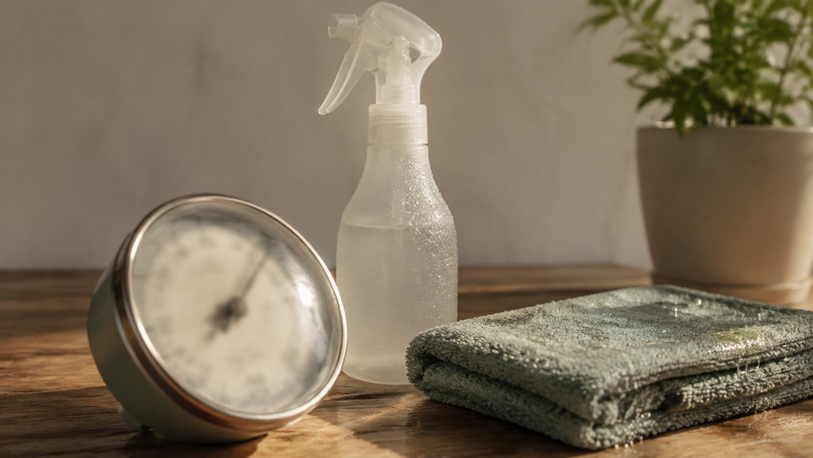 Un thermomètre rond posé sur une table, à côté d’un brumisateur sans étiquette et d’un gant de toilette humide plié.