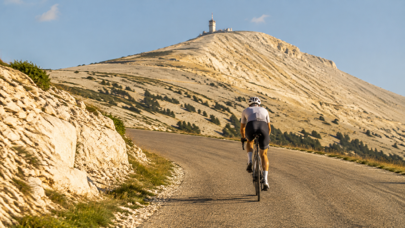 Une coureuse seule sur la route blanche et pelée des derniers kilomètres d'un col provençal, dans la chaleur de fin d'après-midi.