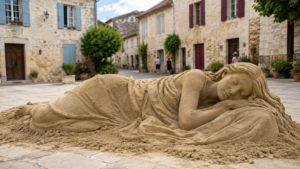 Sculpture de sable en forme de figure allongée, posée sur la place pavée d’un village périgourdin aux maisons de pierre calcaire et volets colorés, quelques passants de dos.